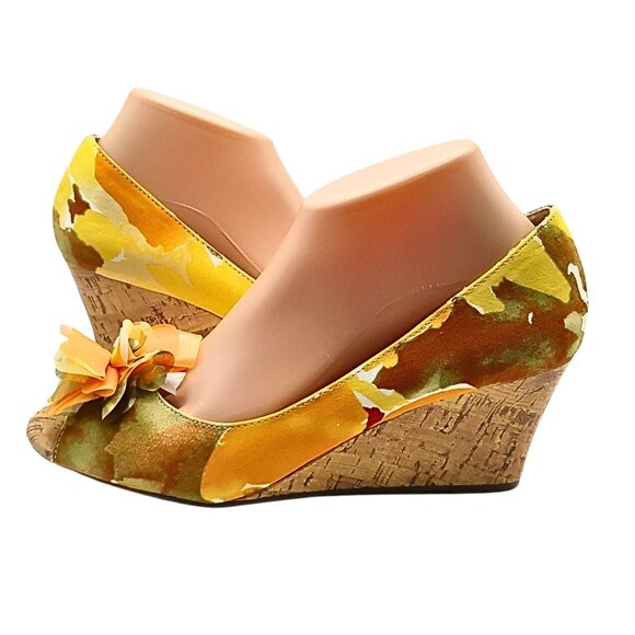 Unisa Womens Peep Toe Wedge Pumps Size 9 Floral Cork Hawaiian Vacation Resort - Picture 1 of 6